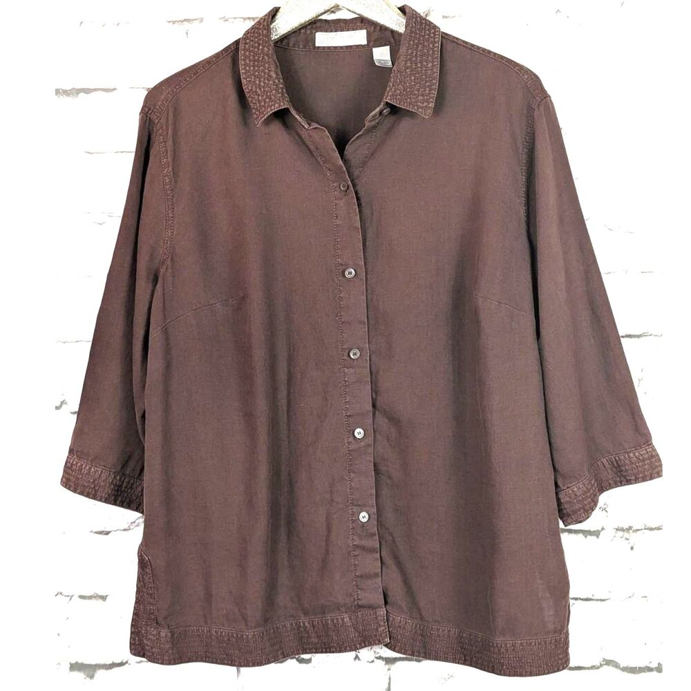 LIZ CLAIBORNE Chocolate Brown 100% Linen Shirt Casual Beachy Comfort Earthy 2X